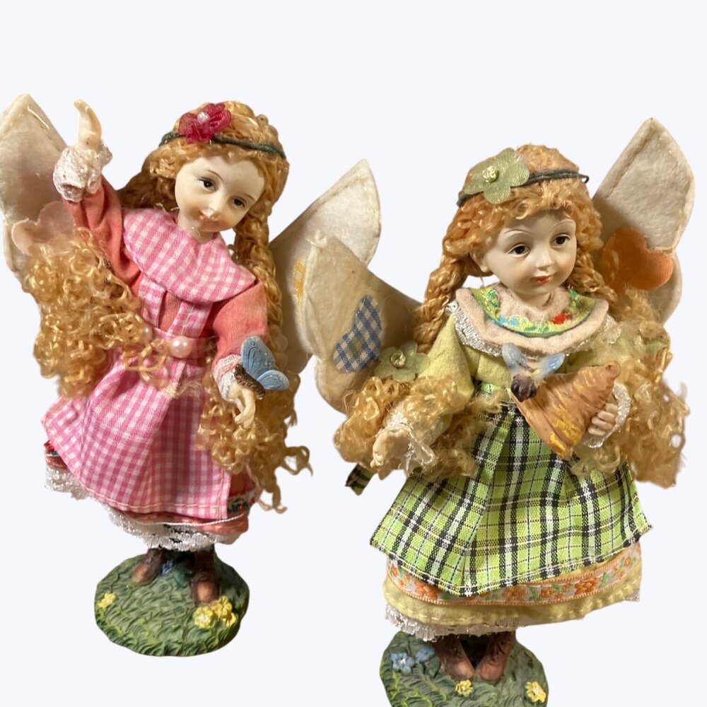 Decorative Angel Fairy Figurines Set With Gingham & Plaid Dresses Felt Wings